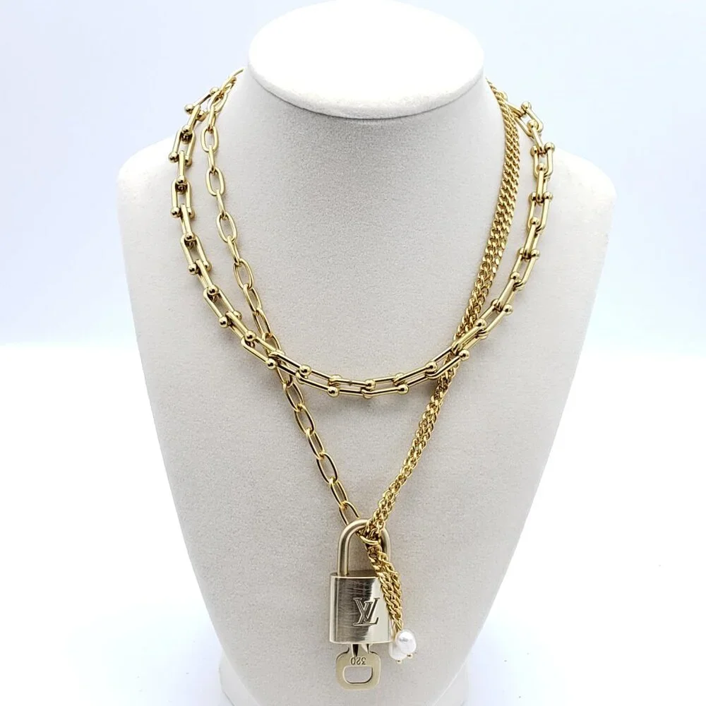 Double Chain Necklace with Authentic Louis Vuitton Padlock Pendant & Fresh Pearl